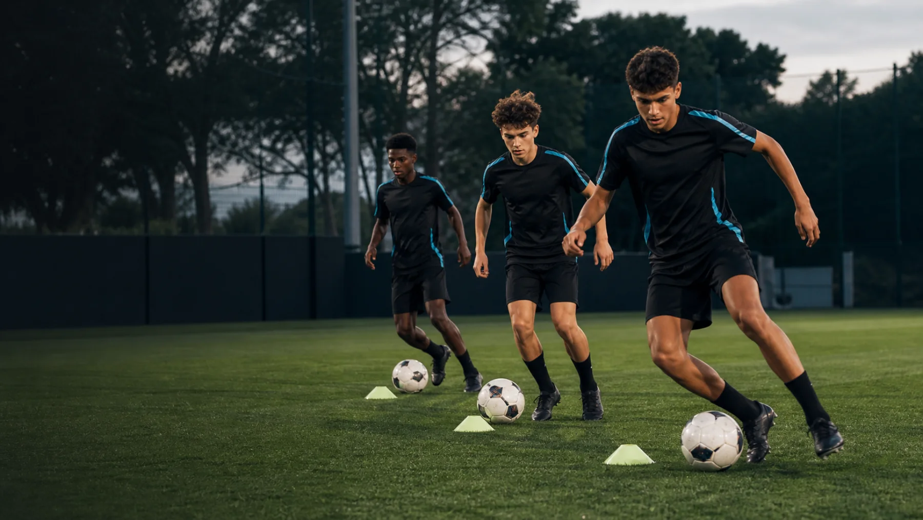 Jovens atletas em treino técnico de futebol